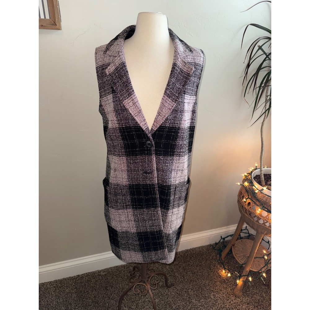14th & UNION Plaid Long Vest Blazer Women's Size M Black Pink Tweed Open Front